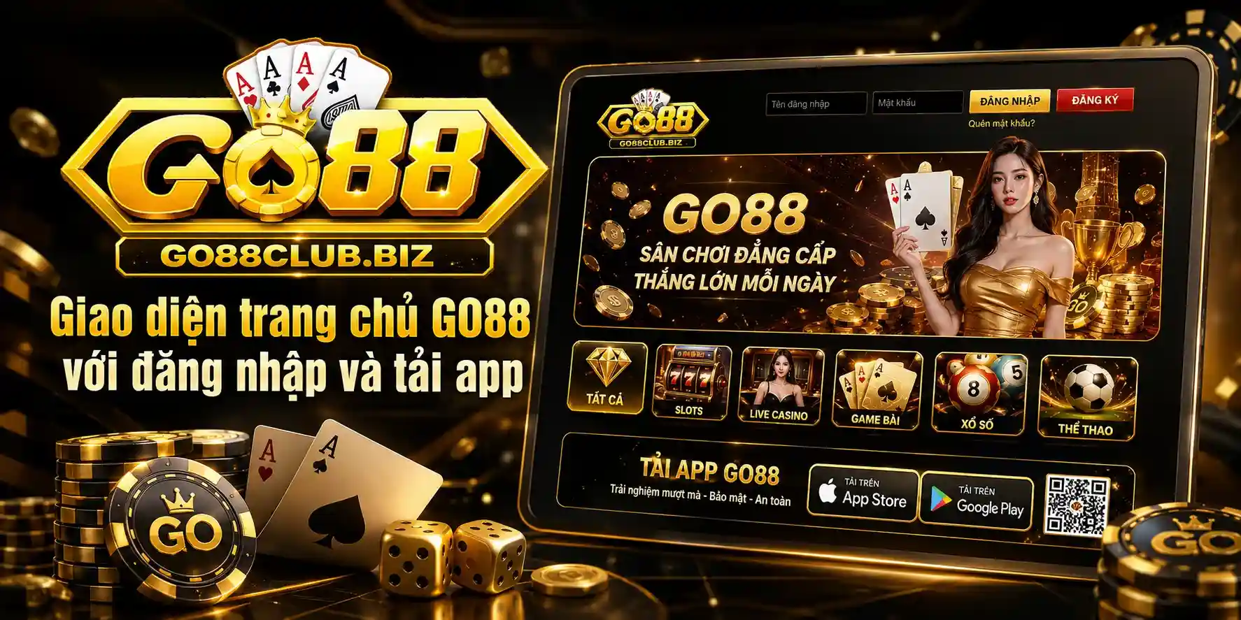 Giao diện trang chủ GO88 với các khu vực đăng nhập, tải app, khuyến mãi và sảnh game nổi bật