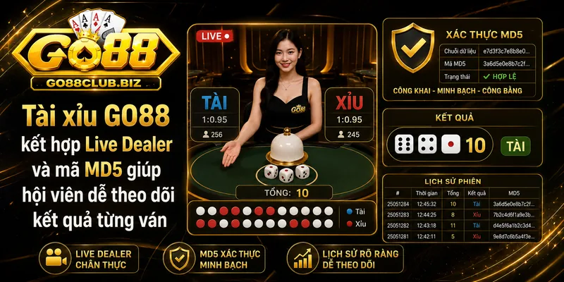 Tài xỉu GO88 live dealer và xác minh MD5